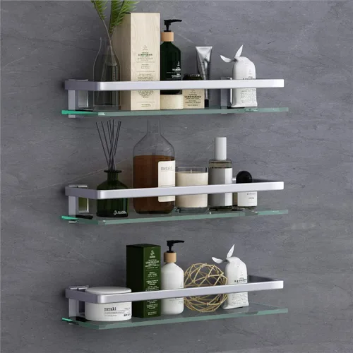 Miniatura 10 de VOLPONE Estante de pared de baño de 15.7 pulgadas, estantes de vidrio para baño montaje en pared, estante de vidrio a prueba de óxido, organizador