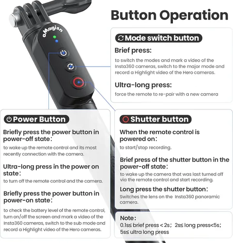 Miniatura 8 de Control remoto Selfie Stick recargable impermeable 39.4 in estirable compatible con cámara de acción Insta360/Gopro y iOS Android Smartphone