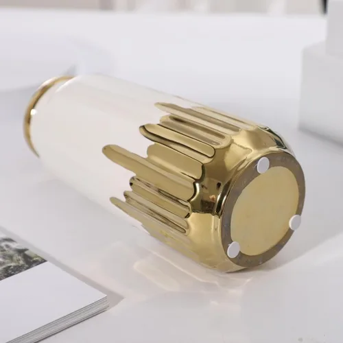 Miniatura 9 de Jarrón grande de cerámica blanca con detalles chapados en oro de 11 pulgadas de alto, florero decorativo para sala de estar, decoración moderna
