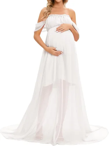 ZIUMUDY Vestido largo de gasa con hombros descubiertos para sesión de fotos, fotografía, vestido de baby shower