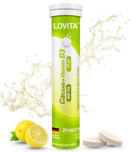 LOVITA Calcio + VIT D3 Tabletas efervescentes 20 unidades, 600 mg de calcio con 400 UI D3, apoya la salud ósea y muscular, sabor a limón, vegano,
