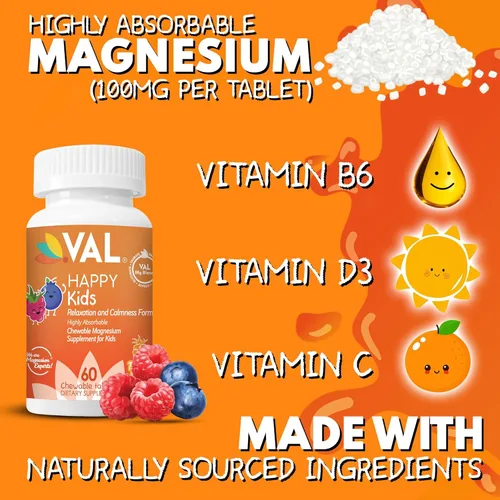 Miniatura 10 de VAL Magnesio para Niños Magnesio de Alta Absorción para Calma, Relajación y Concentración Glicinato de Mg, Citrato y Taurato con Vitamina B6