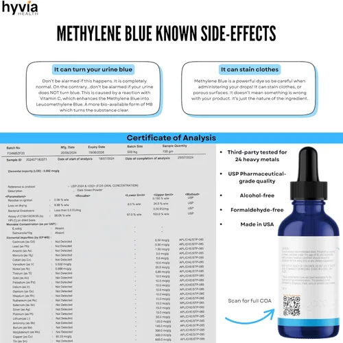 Miniatura 7 de Azul de metileno 1% USP grado farmacéutico para humanos – 99.99% de pureza – Probado por terceros, certificado ISO, formaldehído y alcohol gotas