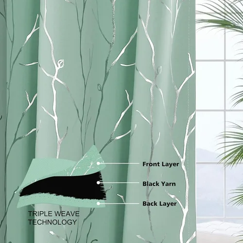Miniatura 6 de BUHUA Cortinas pequeñas para ventana de 36 pulgadas de largo, 2 paneles, cortinas opacas con elegantes ramas de árbol plateadas, cortinas de bloqueo