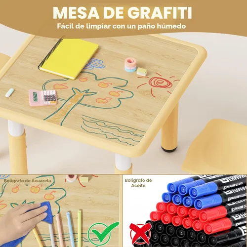 Miniatura 5 de Brelley, Juego de mesa y 2 sillas para niños, escritorio y silla ajustables en altura para niños pequeños, escritorio con diseño de grafiti