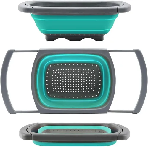 Miniatura 10 de Qimh Colador plegable, colador sobre el fregadero, coladores de alimentos con asas extensibles, 6 cuartos de galón, colador plegable de cocina apto