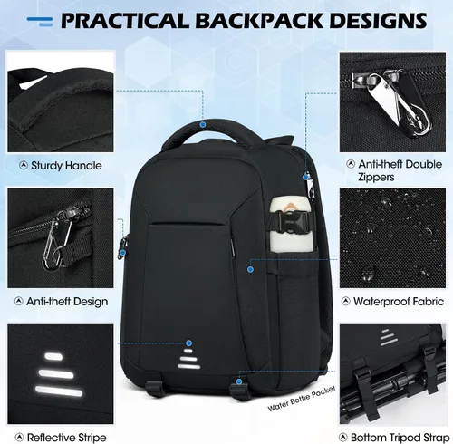 Miniatura 4 de RAINSMORE Mochila para cámara DSLR SLR sin espejo, compartimento profesional para laptop de 14 pulgadas, bolsa impermeable para fotografía