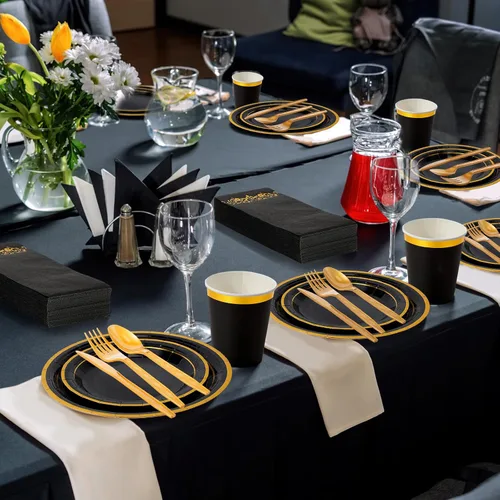 Miniatura 6 de Juego de 350 platos desechables de plástico negro y dorado para fiesta de graduación para 50 invitados, cubiertos de 9 pulgadas, platos de postre