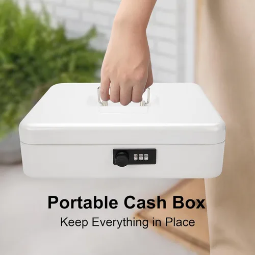 Miniatura 7 de Jssmst - Caja grande de seguridad de metal con bandeja para dinero; caja de dinero con cerradura de combinación, color blanco, SM-CB0511L Cerradura
