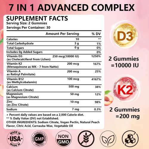 Miniatura 2 de Gomitas de vitamina D3 K2, 10000 UI con 500 mg de calcio, magnesio, zinc, sin azúcar, ADK+vitamina B12, suplementos para mujeres y hombres, huesos