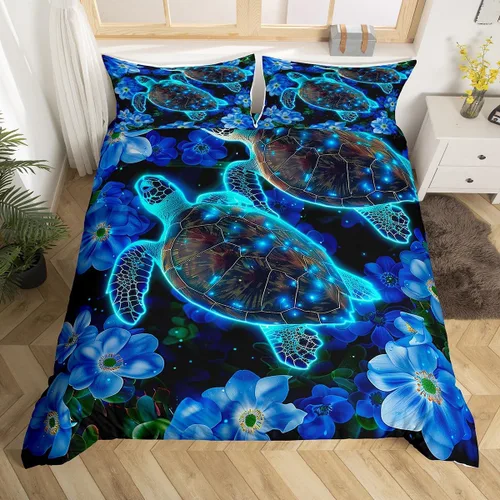 Juego de funda de edredón de tortuga marina verde azulado brillante, flores azules, océano, juego de ropa de cama Queen para niños y niños, funda de