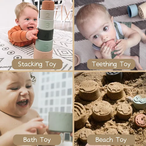 Miniatura 5 de Moonkie Juguete de tazas apilables, juguetes educativos divertidos para bebés, juguete de dentición suave de silicona, a partir de 6 meses, juego