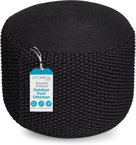 BIRDROCK HOME Puf Otomano para Exteriores | Reposapiés Impermeable Tejido a Mano con Relleno de Bolsa de Perlas | Reposapiés Bohemio para Patio,