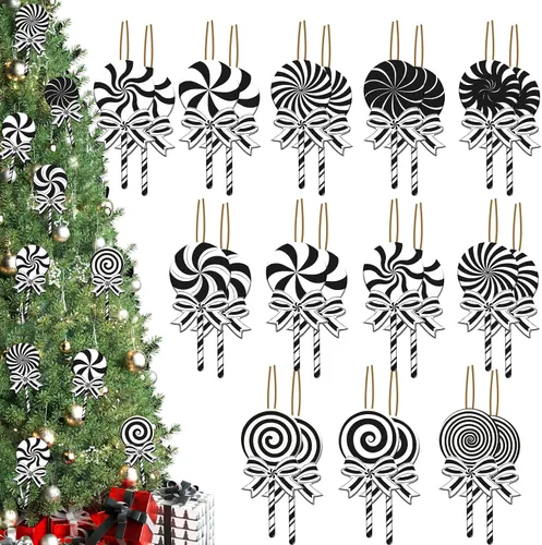 24 adornos colgantes de caramelo de Navidad, decoración de árbol de piruleta, decoración de árbol de menta, decoraciones de Navidad con lazo,
