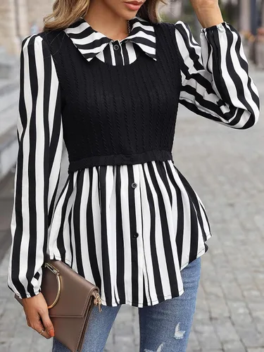 Miniatura 5 de WDIRARA Blusa de manga larga con botones y estampado a rayas para mujer 2 en 1