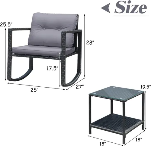 Miniatura 5 de Tangkula Juego de 3 piezas de muebles mecedoras de mimbre para patio, juego de muebles de mecedora para exteriores con asiento acolchado, juego