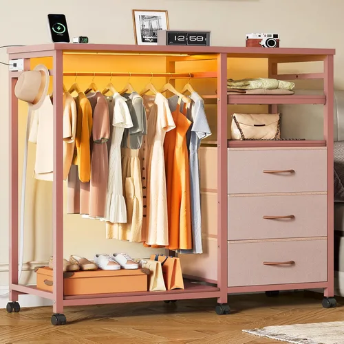 Miniatura 12 de WLIVE Cómoda negra con estante colgante para dormitorio, cómoda de 3 cajones con luces LED y estación de carga, cómoda de tela y cómoda, organizador