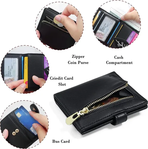 Miniatura 5 de CONISY Cartera pequeña para mujer, con bloqueo RFID, de piel, delgada, plegable, bolsillo frontal, cartera para mujer con cremallera, Negro