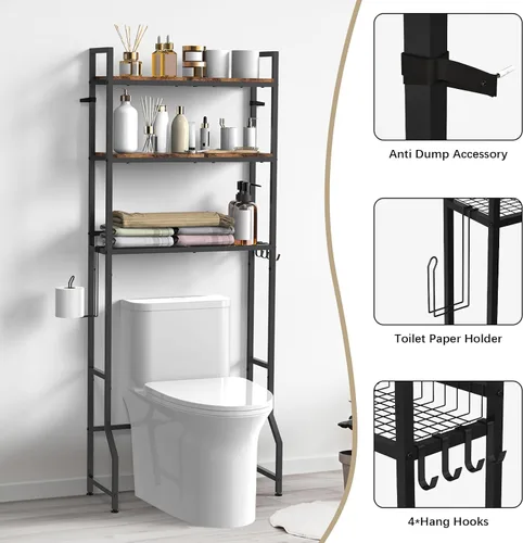 Miniatura 3 de Organizador de baño de 3 niveles sobre el inodoro, organizador de baño de madera, ahorro de espacio, soporte independiente sobre el inodoro con 4