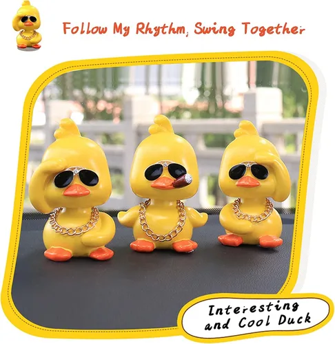 Miniatura 7 de wonuu Lindos adornos de pato amarillo para coche, decoraciones de tablero de instrumentos de coche, muñeca de cabeza sacudida De pie amarillo