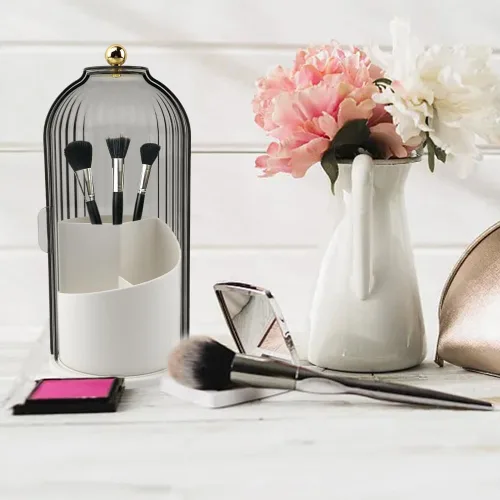 Miniatura 4 de Soporte para brochas de maquillaje con tapa, organizador de herramientas cosméticas de apertura deslizante giratoria de 360°, organizador de brochas