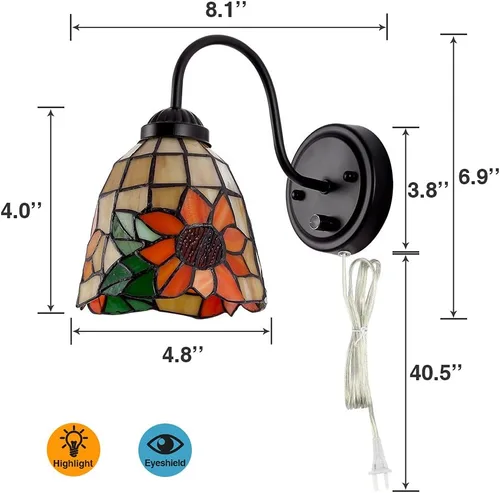 Miniatura 5 de Tiffany - Lámpara de pared para mesita de noche con interruptor regulable, aplique de pared de cuello de cisne vintage industrial con cable
