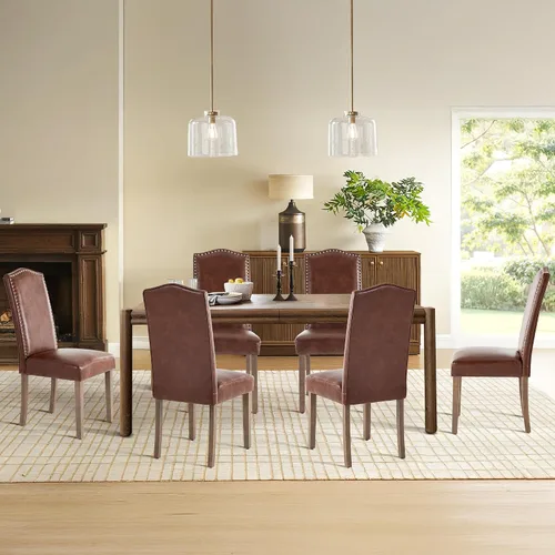 Miniatura 5 de Silla de comedor tapizada moderna y elegante Parsons con respaldo alto con ribete plateado de cabeza de clavo y patas de madera, juego de 4, piel