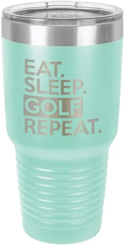 Miniatura 21 de Vaso con tapa superior deslizante y pajita de acero inoxidable para viaje con texto en inglés "EAT SLEEP GOLF REPEAT" de 76 ml en comparación