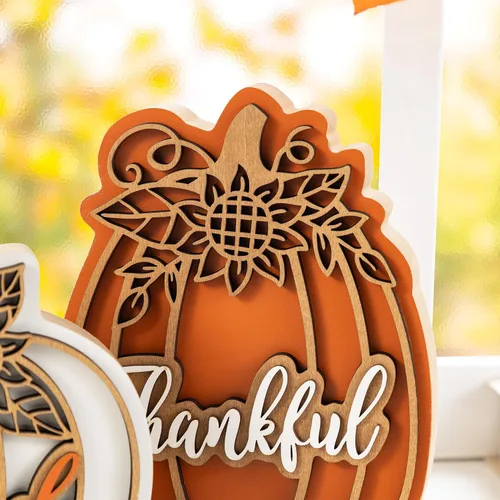 Miniatura 7 de Glitzhome Juego de 2 decoraciones de calabaza de madera de Acción de Gracias (6 pulgadas y 8 pulgadas de alto) – Decoración de mesa de granja