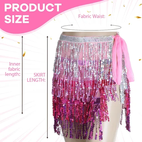 Miniatura 3 de Sureio Belly Dance Sequins Skirt for Waist Circumference 31.5 Inch Christmas Sparkly Fringe Skirt Heart Sunglasses for Women