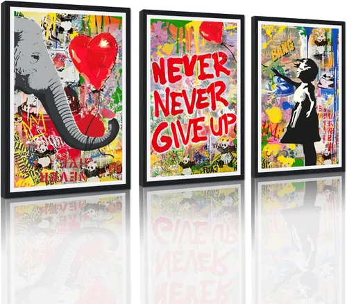 Miniatura 127 de 3 Piezas de Arte de Pared Banksy en Lienzo, Póster de Graffiti, Decoración de Pared con Citas Inspiradoras, Nunca Te Rindas, Obras de Arte para Sala