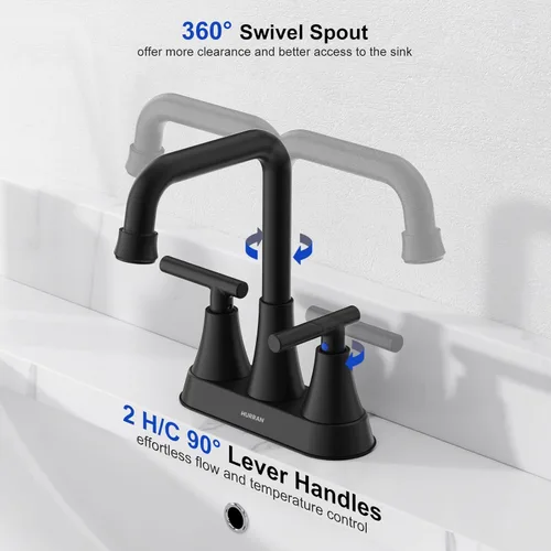 Miniatura 4 de Grifo de Lavabo de Baño Negro Mate, Hurran Grifos de Baño de 4 Pulgadas para Lavabo de 3 Orificios con Desagüe Pop-up y Líneas de Suministro, Grifo