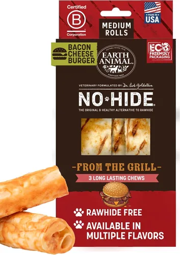 Earth Animal Masticables sin ocultar – de The Grill Rolls Bacon Cheeseburger Sabor Rawhide Free Medium Dog Chews – 3 unidades
