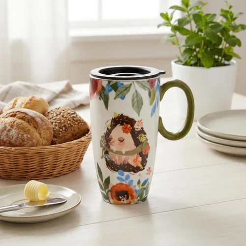 Miniatura 6 de Taza de viaje de cerámica con tapa, tazas de café altas con asa, taza de café y té de porcelana, bonito diseño de erizo, regalos de cumpleaños