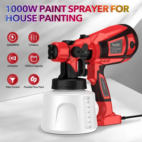 Miniatura 2 de Pulverizador de pintura de 1000 W para pintura de casa, pistola de pintura en aerosol de 32000 RPM con 3 patrones ajustables, pistola
