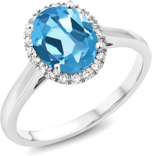 Miniatura 29 de Gem Stone King Anillo de compromiso ovalado de oro blanco de 10 quilates con piedra natal y halo de diamantes Ovalado de 0.354 x 0.276 in Anillo