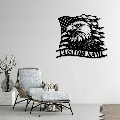 Miniatura 7 de Letrero de metal personalizado de águila y bandera estadounidense, arte de pared patriótico con nombre personalizado, decoración de hierro