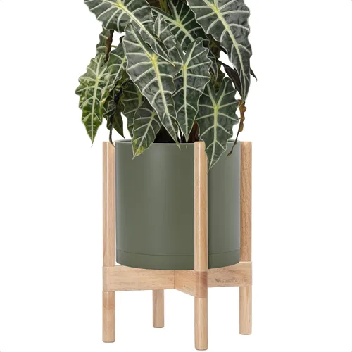 Miniatura 53 de Maceta de D'vine Dev con soporte - Maceta de flores de cilindro de plástico de 8.0 pulgadas con soporte de madera para interiores, maceta mate negra