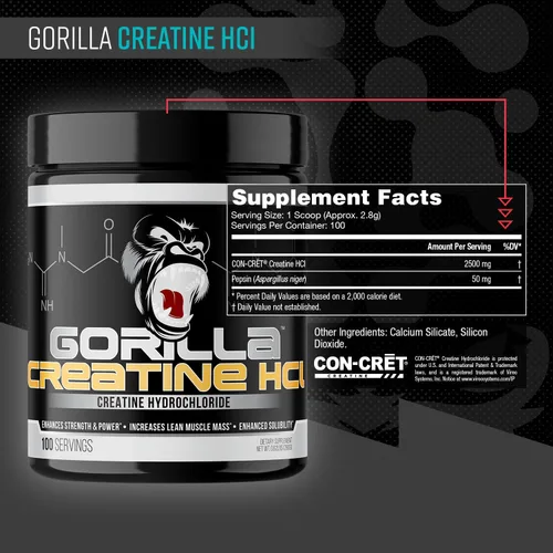 Miniatura 2 de Gorilla Mind CON-CRēT creatina HCl con pepsina Alternativa amigable con GI-Friendly Tamaño muscular mejorado, potencia de salida y fuerza
