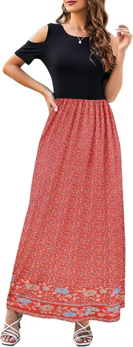 Kancystore - Vestido largo de manga corta con hombros descubiertos y bolsillos para mujer