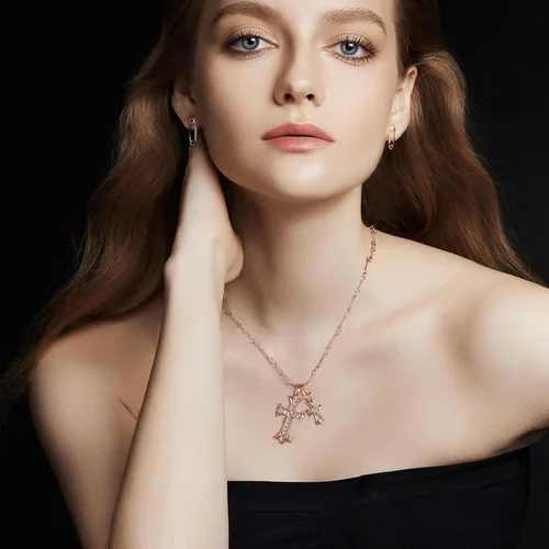 Miniatura 6 de Collar de cruz chapado en oro de 14 quilatesplata de ley con colgante de doble cruz CZ, collares de cruz de circonita cúbica para mujeres, hombres