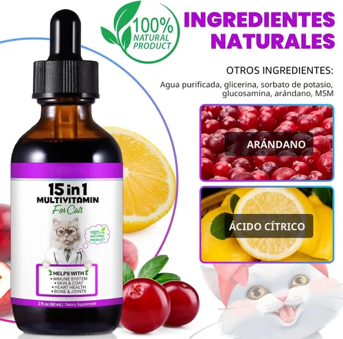 Miniatura 5 de Multivitamínico para gatos, 15 en 1, vitaminas para gatos, suplementos líquidos para la salud del corazón, huesos, articulaciones, piel y pelaje