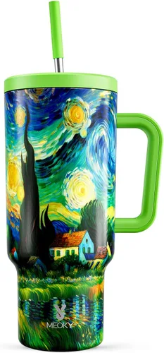 Miniatura 46 de Meoky - Vaso de 30 oz con asa, tapa y pajilla, taza de viaje térmica de acero inoxidable 100% a prueba de fugas, para portavasos, mantiene el frío