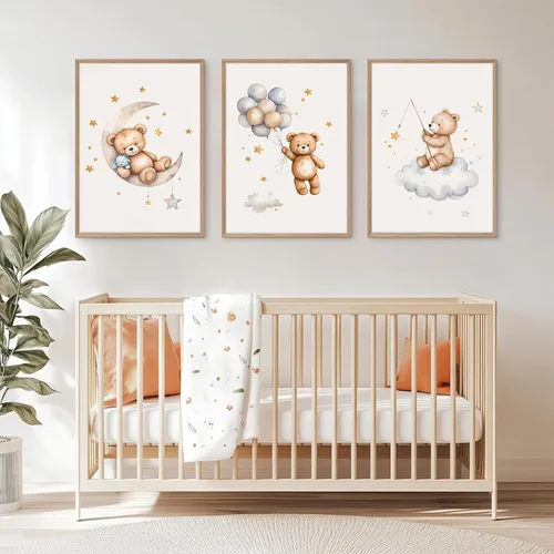 Miniatura 3 de Baccone Arte de pared para habitación de guardería con oso de peluche, póster para habitación de bebé niño o niña, decoración de pared de guardería