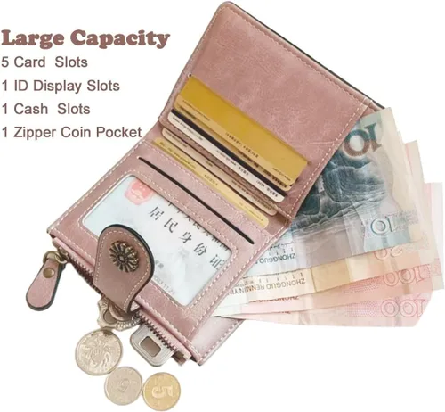 Miniatura 2 de Billetera para mujer, plegable, con bloqueo RFID, de cuero, tarjetero compacto con bolsillo para monedas con cremallera, Rosa, Cartera de cuero