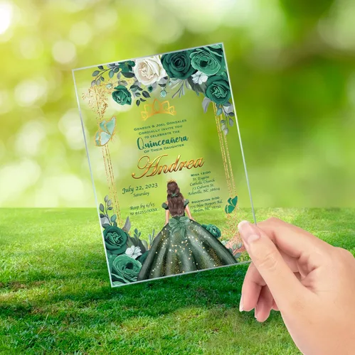 Miniatura 5 de Avior Invitación de quinceañera Vestido verde esmeralda Invitación de vidrio acrílico, Mis Membrillo, Dulce 15, Dulce 16, Diseño floral, xv anos, 15