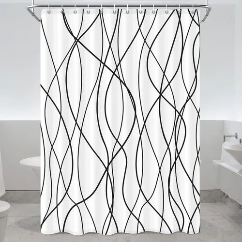 Miniatura 18 de Juego de cortinas de ducha azul egeo para baño con ganchos, cortinas de baño decorativas repelentes al agua y lavables con rayas blancas, 72 x 72