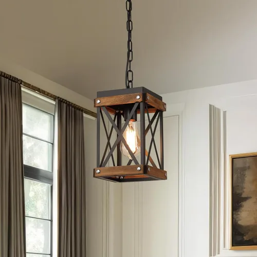 Miniatura 7 de Paquete de 2 lámparas colgantes de madera rústica de granja con cadena ajustable de una sola luz de madera de roble y metal, iluminación colgante