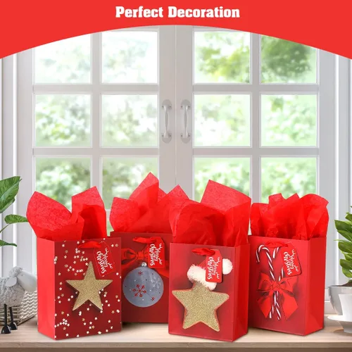 Miniatura 6 de KomoLeay Paquete de 4 bolsas de regalo de 13" de gran tamaño con patrón navideño surtido, bolsas de regalo con papel de seda para suministros