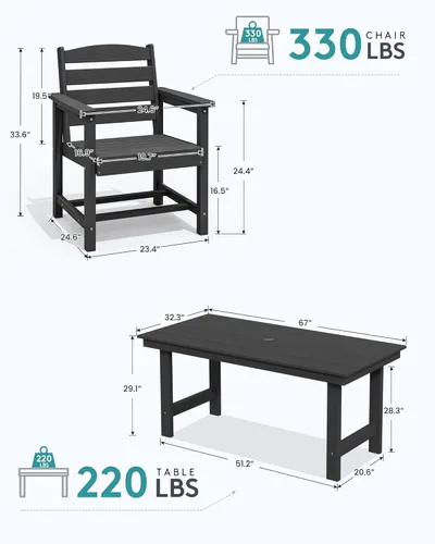 Miniatura 4 de SERWALL Juego de mesa de comedor de 7 piezas, muebles de comedor de polietileno de alta densidad para exteriores con agujero para paraguas y 6 Negro